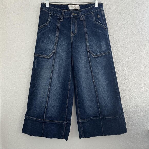 Baby Phat Jeans Juniors 7 Wide Leg Crop Dark Wash Denim Cat Logo Distressed Y2K - Picture 1 of 16